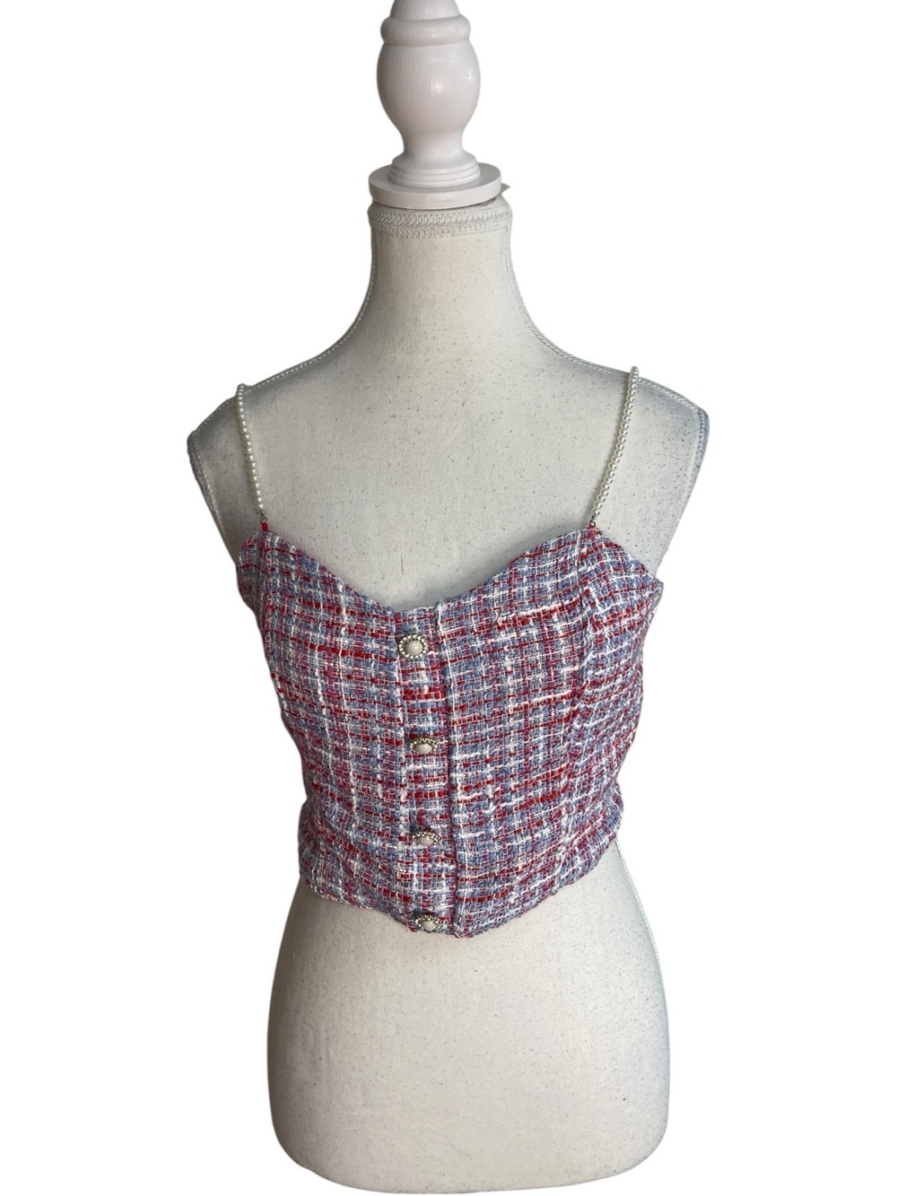 Zara Tweed Corset Crop Top with Pearl Straps Red Blue